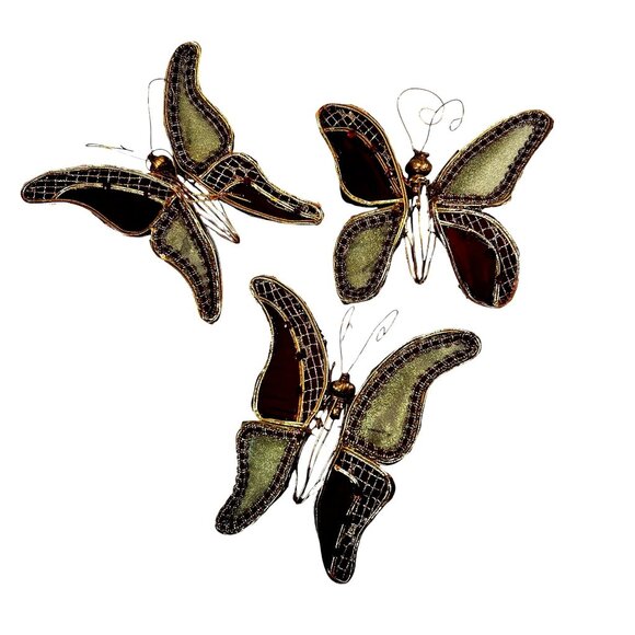Vintage Handcrafted Fabric & Wire Decorative Butterflies Set of Three Hanging - Picture 1 of 10